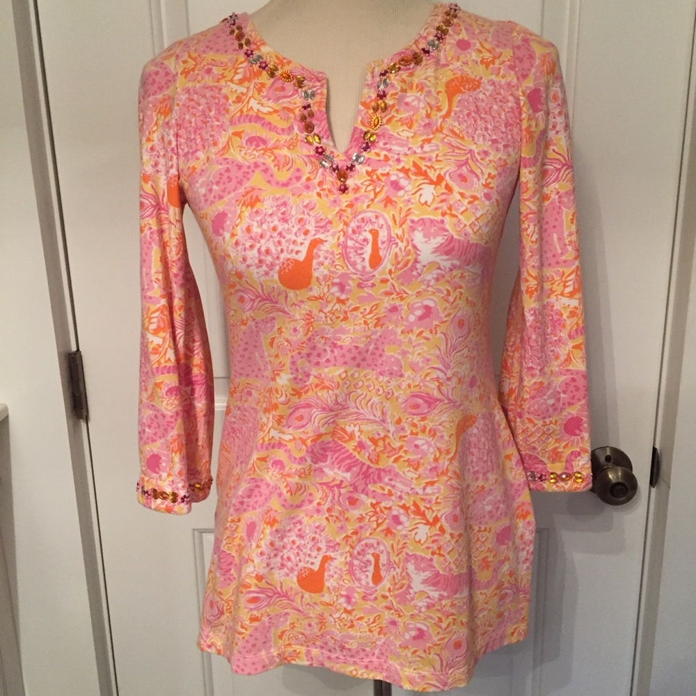 BARBARA GERWIT VINTAGE TOP TUNIC TEE PINK ORANGE WHITE MULTICOLOR BEAD SIZE S
